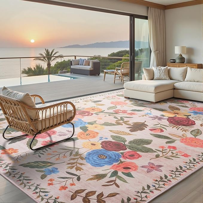 Area Rugs 10x14 Living Room, Non Slip Machine Washable Floral Rugs, Low Pile Lightweight Large Rug for Bedroom, Dining Room, Home Office(10 x 14, Beige/Pink Lawn)