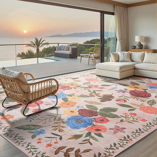 Area Rugs 10x14 Living Room, Non Slip Machine Washable Floral Rugs, Low Pile Lightweight Large Rug for Bedroom, Dining Room, Home Office(10 x 14, Beige/Pink Lawn)