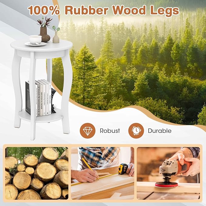 GOFLAME 2-Tier Round End Table Set of 2, Mid-Century Modern Sofa Side Table with Storage Shelf, Solid Wood Legs, Compact Accent Table, Nightstand for Living Room, Bedroom, Small Space, White