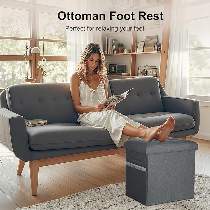Storage Ottoman with Thicker Foam Padded Seat. 61L Slim Tall Foldable Foot Rest Stool with Linen Fabric, Ottoman with Storage Bench for Living Room Bedroom, 300lbs Weight Support, 17x13x17IN Dark Gray