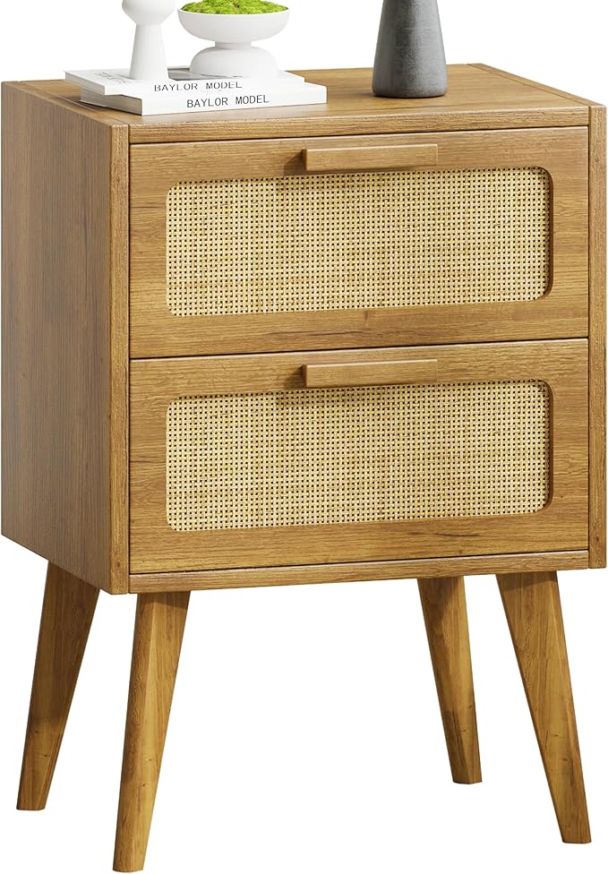 Rattan Nightstand,End Table, Side Table with 2 Hand Made Rattan Decorated Drawers,Boho Bedside Table,Wood Accent Table with Storage for Livingroom, Bedroom, Toffee Wood CTG59T