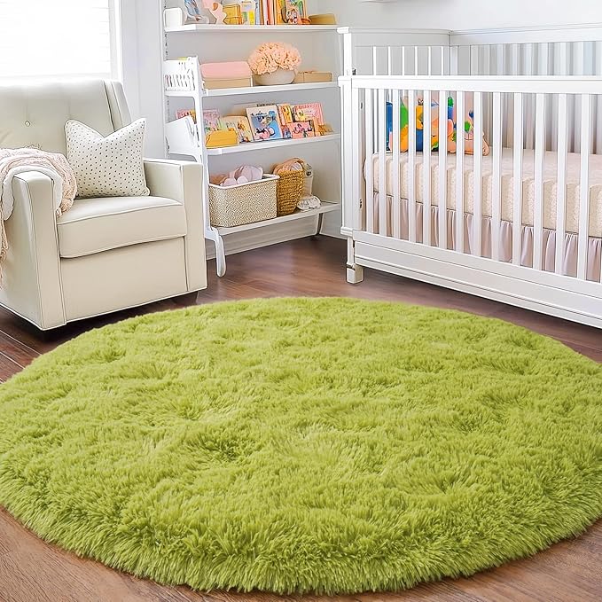 4'x4' Grass Green Round Rug for Bedroom, Ultra Soft Fluffy Circle Rug for Kids Girls Boys Room, Cute Shag Rugs for Living Room Playroom Tent Castle Home Decor Rug