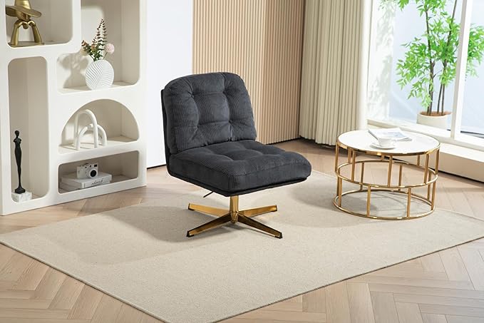 ZOBIDO Modern Accent Corduroy Chairs Comfy Upholstered Vanity Chairs for Bedroom Armchair Dining Chairs with Golden Metal Legs Desk Chair for Living Room(Black