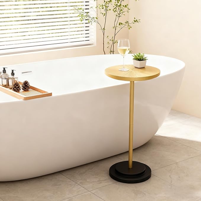 Drink Table, Carved Table Top Martini Table, Small Side Table, Weighted Base Pedestal Table for Living Room, Bedroom, Bathroom, Gold and Black