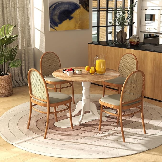 Giantex Round Dining Table, 39" D X 29" H, Rubber Wood Pedestal Table W/Round Tabletop & Curved Trestle Legs, 4-Person Dinner Table for Kitchen, Dining Room, Restaurant (Natural & White)