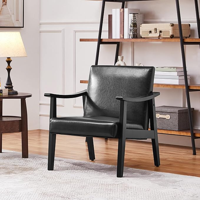 Yaheetech PU Leather Accent Chair, Mid-Century Modern Armchair with Solid Wood Legs, Reading Leisure Chair with High Back for Living Room Bedroom Waiting Room, Black