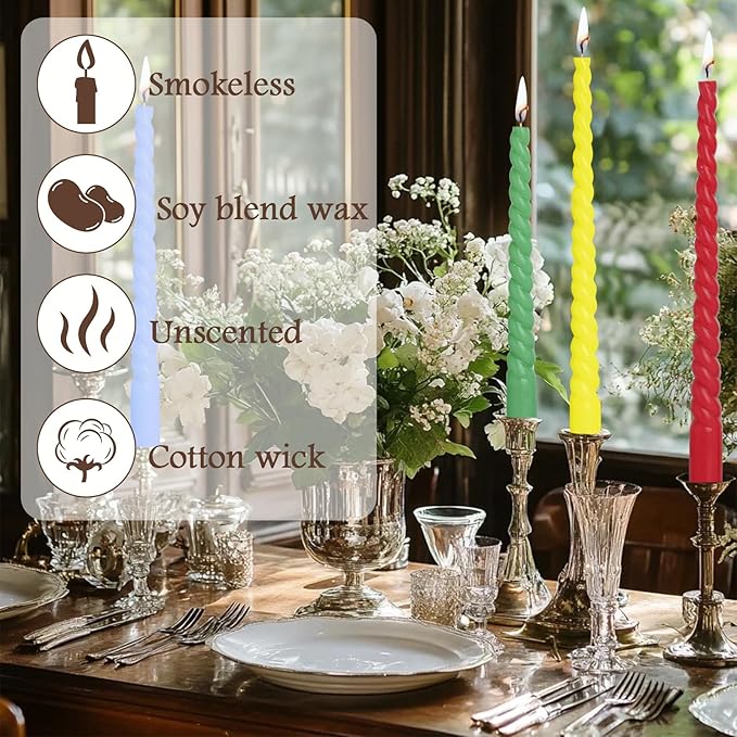 12 Inch Spiral Taper Candles, Smokeless Dripless Long Candles – Unscented Decorative Dinner Candles for Home, Wedding, Party, Table Decor, and Holiday Celebrations (6-Pack Assorted Colors B)