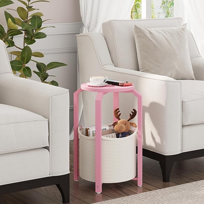 TUTOTAK Small Side Table, Round End Table, Night Stand, Bedside Table, Sofa Table with Storage Basket, Living Room, Bed Room, Pink TB01BP092