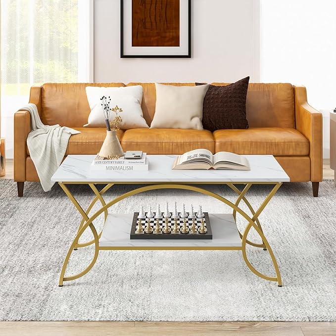 Giantex 2-Tier Rectangular Coffee Table, Faux Marble Table with Open Storage Shelf, Gold Finished Metal Frame, Modern Center Table for Living Room, Reception Room (White+Gold)