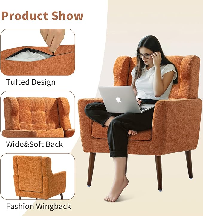 Modern Accent Chair, Upholstered Arm Chair with Waist Pillow, Single Sofa Chair for Living Room Bedroom Small Spaces (Orange)