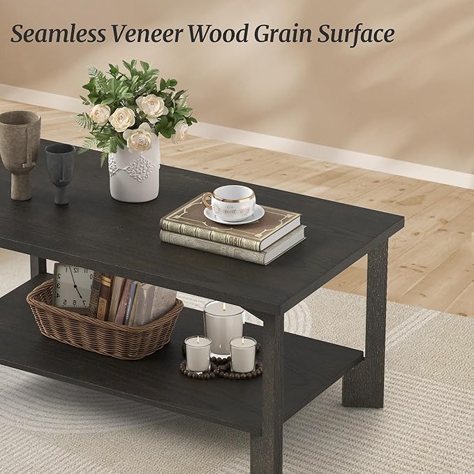 39 Inch Coffee Table,Wood Rectangle Modern Center Table with 2-Tier Storage Shelf for Living Room,Dark Brown