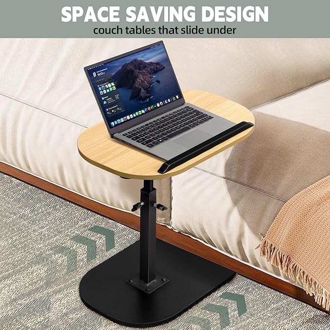 Aoligrace Adjustable Height C Shaped End Table, Small Side Table for Small Spaces Living Room Couch Sofa, 360° Swivel & Flip Top TV Tray Table(Wood)