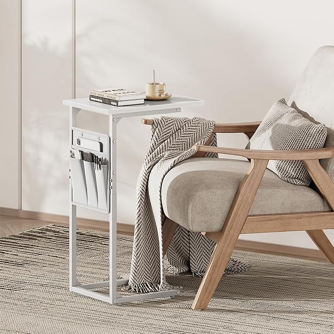 Vagusicc C Shaped End Table, Small Side Table for Couch, Couch Side Table Arm C Table for Sofa, TV Tray Slide Under Sofa Drink Table with Metal Frame for Living Room, Bedroom, Bedside, White