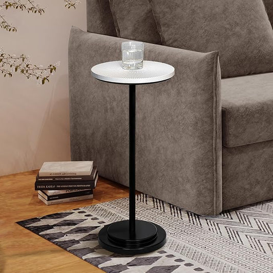 Drink Table, Carved Table Top Martini Table, Small Side Table, Weighted Base Pedestal Table for Living Room, Bedroom, Modern, White and Black
