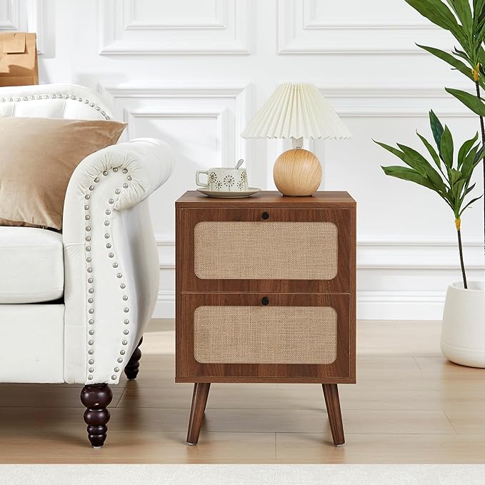 16" Wood Nightstand Set of 2, Farmhouse End Table with 2 Storage Drawer, Mid-Century Modern Bedside Table with Linen Decor, Minimalist Night Stand for Living Room, Bedroom & Small Space (Walnut)