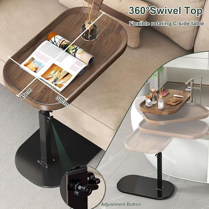C Shaped Side Table Adjustable Height, 360°Swivel C Shaped End Table, Couch Side Tables That Slide Under, Small Coffee C Table End Table for Sofa/Bed/Bathtub, Rotating Elevate Tabletop (walnut)