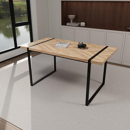 Modern Wooden Dining Table, 59'' Wooden Rectangle Table, Dining Room Table for 4-6, Modern Kitchen Dining Table with Black Metal Legs for Living Dining Kitchen Room(Light Wood)