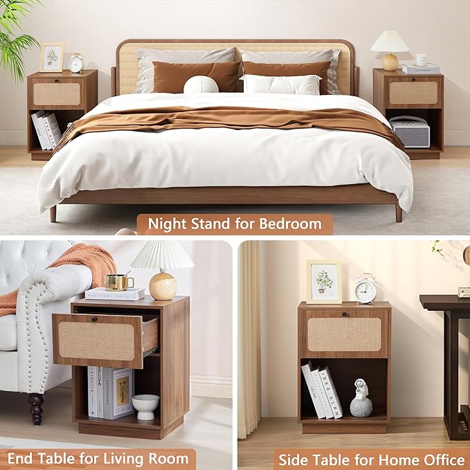 16" Wooden Night Stand with Drawer and Open Shelf, Mid Century Wooden Bed Side Table with Storage, Linen Decor Small End Table for Bedroom, Home Office, Living Room (Walnut)