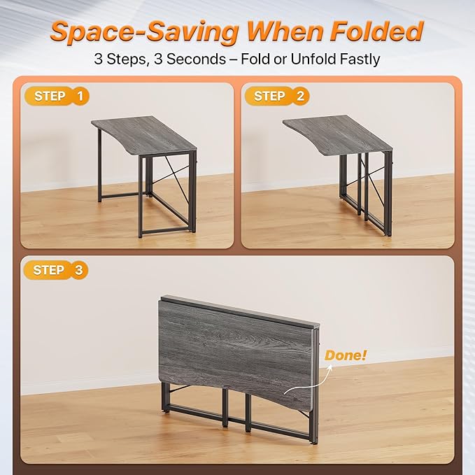 Huuger Folding Desk for Small Spaces, 39.3 Inch Foldable Computer Table, for Home Office, Study, Bedroom, Dorm, Space Saving, Small Writing Work Office Computer Desk, Easy to Fold, Grey