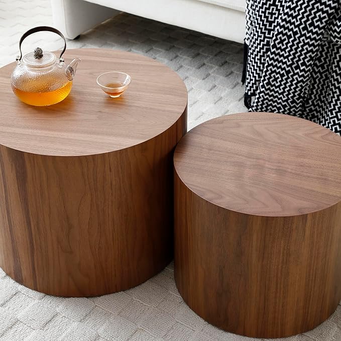 Nesting Coffee Table Set of 2, Modern Round Wooden Circle Accent Coffee Tables for Small Spaces Living Room Bedroom Balcony Office Drum Side Table