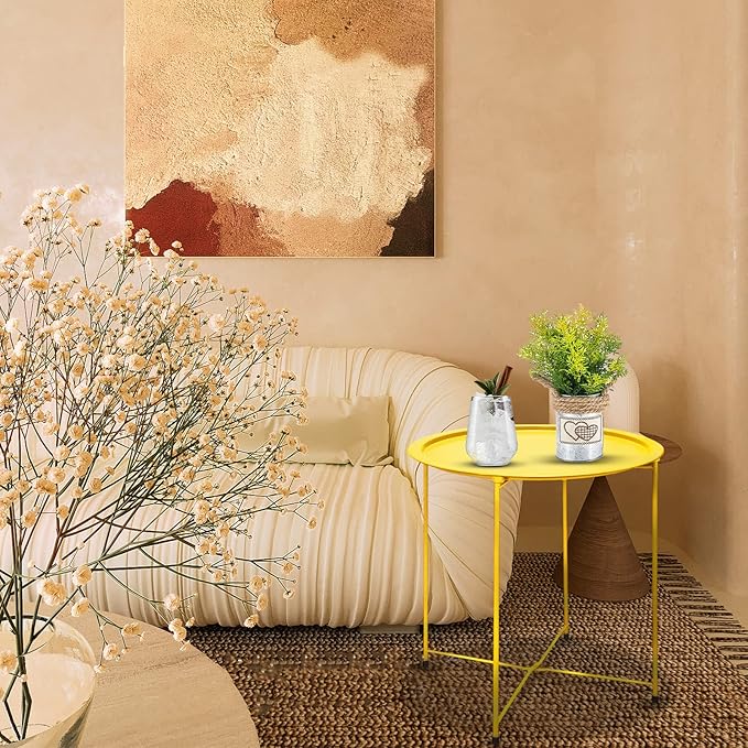 VILAWLENCE Metal End Table Side Table Round Folding Tray, Sofa Grey Small Accent Fold-able Side Table Tray,Outdoor Side Sofa Table, Snack Table for Living Room and Bed Room 18.5 in (Yellow)
