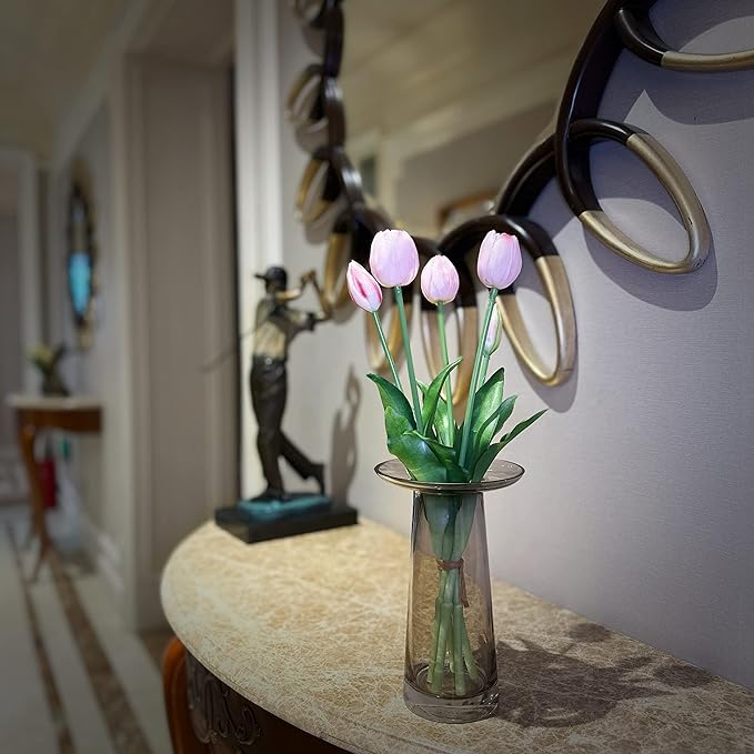 16-inch Premium Real Touch Fake Tulips, Artificial Flowers with Buds, Flexible Stem Easy to Shape, Faux Tulips (Vase not Included), 5-Pack Set of Piggy Pink