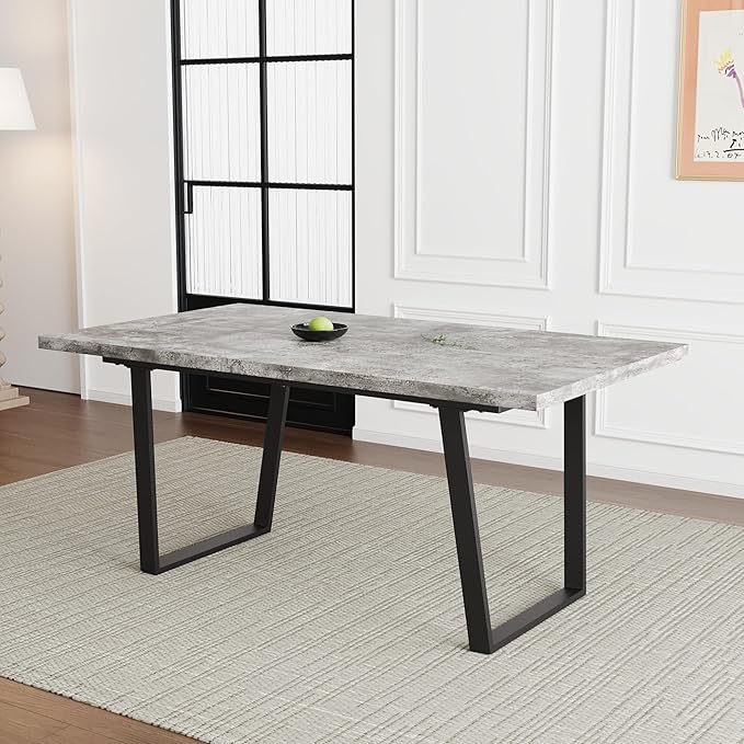 Modern Wooden Dining Table, 63'' Wooden Rectangle Table, Kitchen & Dining Room Table, Modern Kitchen Dining Table with Metal Legs for Living Room & Dining Room