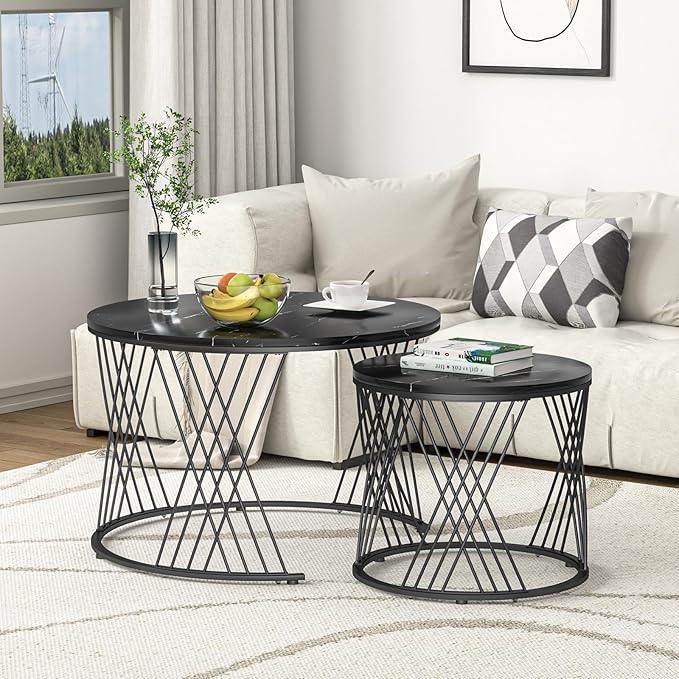 Giluta Black Round Coffee Table Set of 2, Modern Coffee Tables for Living Room, Faux Marble Center Table, Nesting Coffee Table