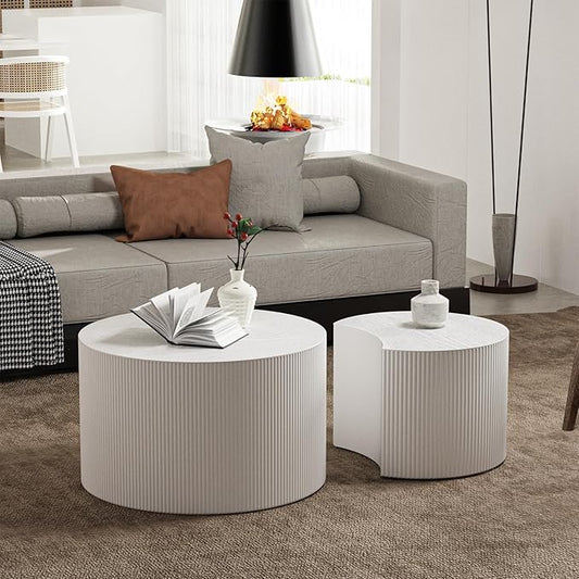 Round Nesting Coffee Table Set of 2 Handcraft Circle Fluted Nesting Coffee Tables Circular Side Table Drum Accent End Tables for Living Room Bedroom (White B Large)