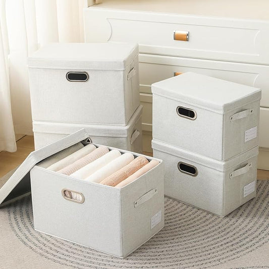 PRANDOM Collapsible Storage Bin with Lid [3-Pack] Fabric Foldable Storage Box Organizer Container Basket Cube with Cover for Home Bedroom Closet Office Beige(15.3x10x9.7)