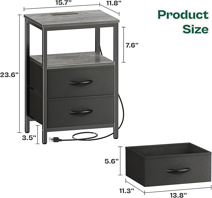 Huuger Night Stand with Charger Station and LED Lights, 2 Drawer Nightstand, Bed Side Table with Open Shelf, End Table, Fabric Dresser for Bedroom, Grey
