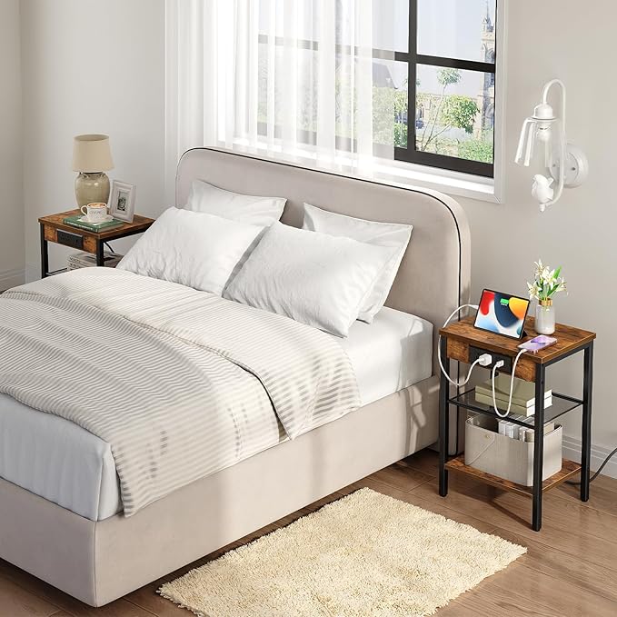 HOOBRO Side Table with Charging Station and USB Port, Small End Table for Small Space, 3-Tier Nightstand with Adjustable Shelf, for Living Room, Bedroom and Balcony, Rustic Brown BF112BZ01