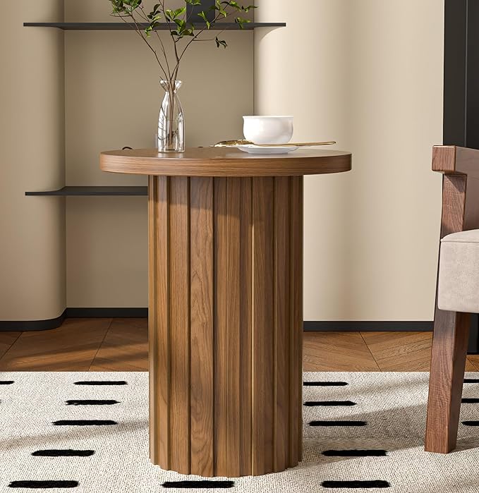 Farmhouse Pedestal End Table Round Side Table with Fluted Panel Rustic Drink Table for Small Space Living Room (Walnut)