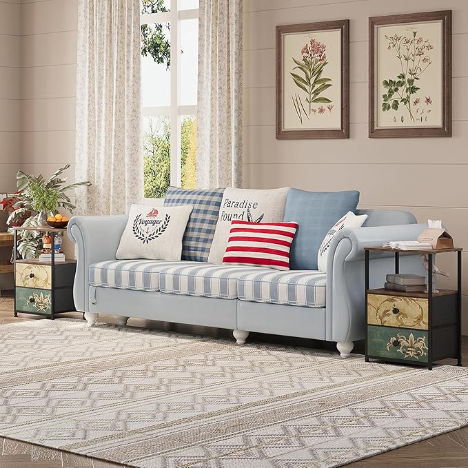 Tohomeor Nightstand with 2 Fabric Drawers Retro Flower End Table Side Table with Open Storage Shelf for Bedroom Living Room Sofa Beside Vintage