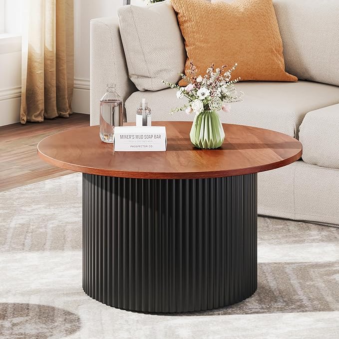Giantex Round Coffee Table, 32" Wooden Accent Cocktail Tea Table with Solid Wood Veneered & Fluted Design, Mid Century Modern Center Table for Living Room, Black & Walnut
