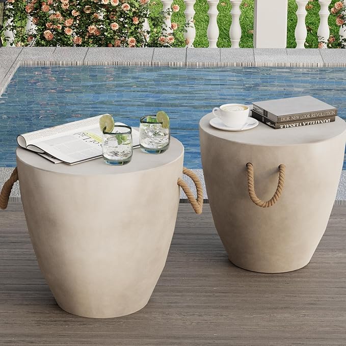 SUNBURY Outdoor Side Table Set of 2, 2 Piece Concrete Side Table Outdoor End Table, 17" H Small Side Table End Table Grey Accent Table for Patio Garden Living Room