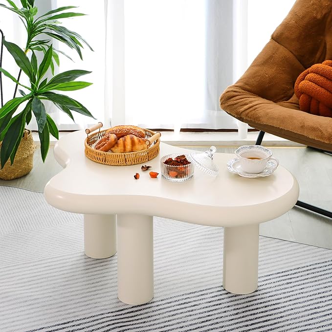 34"(L) Cloud Coffee Table, Modern Wood Coffee Table for Living Room, Accent Unique Center Tables with 3 Legs, Small Tea Tables for Balcony, Patio, Bedroom, Cream White