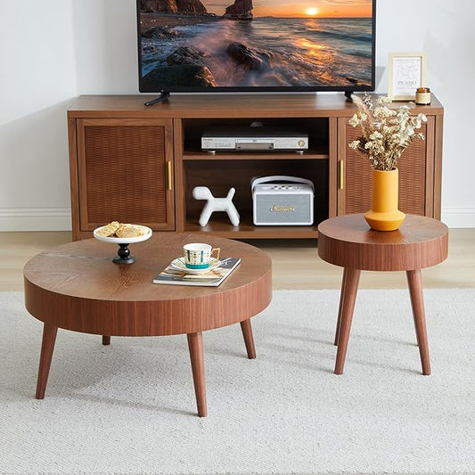 2 Pieces Round Wood Coffee Table Set, Modern Sofa End Table, Accent Side Table for Living Room ﻿ (Walnut)
