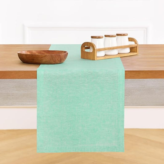 Solino Home Linen Table Runner 120 Inches Long - Athena, 100% Pure Linen Chambray Aqua Dining Table Runner 14 x 120 Inch