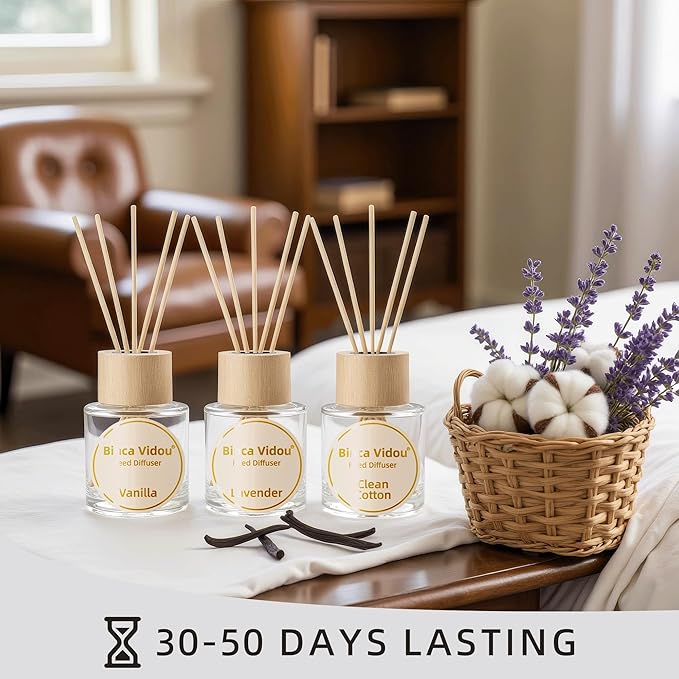 Reed Diffuser Set of 3, Binca Vidou Lavender Vanilla Clean Cotton Natural Scent Oil Diffusers with Sticks for Home Office Bathroom Aromatherapy Decor 1.69oz x 3