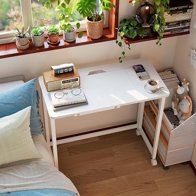 GreenForest Folding Desk with Adjustable Tiltable Desktop 0-90°, 31.5 inch Small Desk with Wheels, Rolling Drafting Table for Laptop, Reading, Writing, Drawing, Work, White