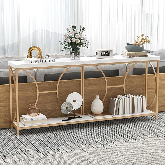 Giantex 71" Console Table, 2-Tier Extra-Long Gold Entryway Table w/Storage Shelf, Faux Marble Top, Narrow Sofa Table with Geometric Frame, Behind Couch Entry Table for Living Room, Hallway, Foyer