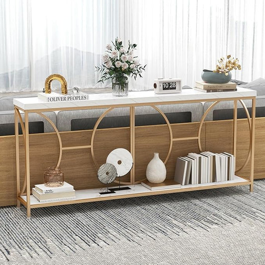 Giantex 71" Console Table, 2-Tier Extra-Long Gold Entryway Table w/Storage Shelf, Faux Marble Top, Narrow Sofa Table with Geometric Frame, Behind Couch Entry Table for Living Room, Hallway, Foyer