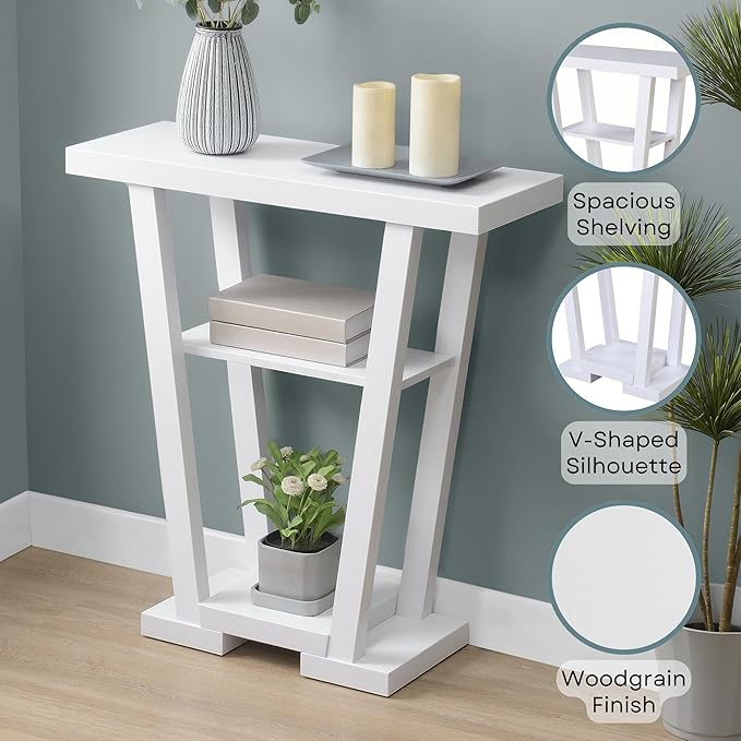 Convenience Concepts Newport V Console Table 31.5" - Modern Sofa Table with Storage Shelves, Narrow Entryway Hall Table for Living Room, Display Accent Table, White Faux Marble/White