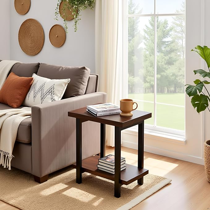 Pomona 27-Inch Wood End Table in Rustic Natural Finish with Metal Legs - 2-Tier Modern Farmhouse Side Table for Home Décor or Accent in Living Room, Bedroom, and Office by Alaterre Furniture