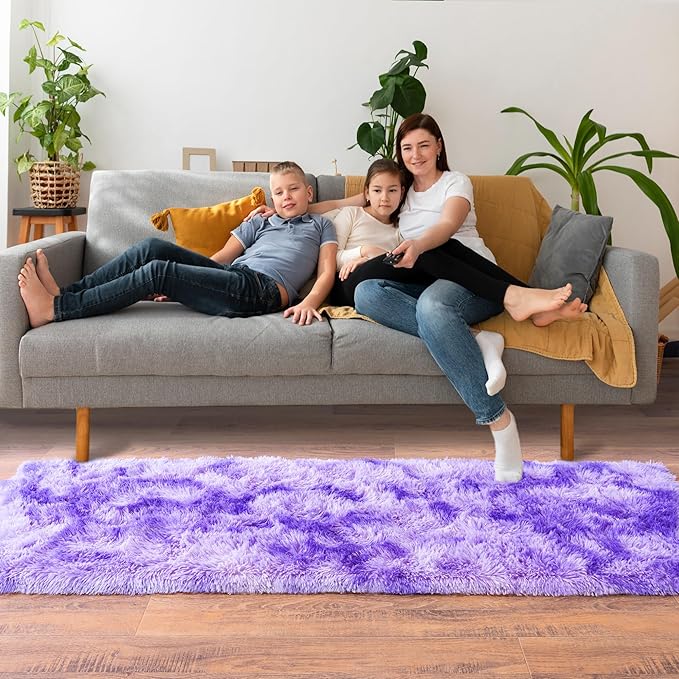 Fluffy Runner Rugs for Bedroom Hallways, 2x6 Runners for Hallways Fluffy Throw Area Rug Non Slip for Bedside Dorm, Shag Rugs for Girls Boys Bedroom, Floor Carpet Runner for Kids Dorm, Tie-Dyed Purple