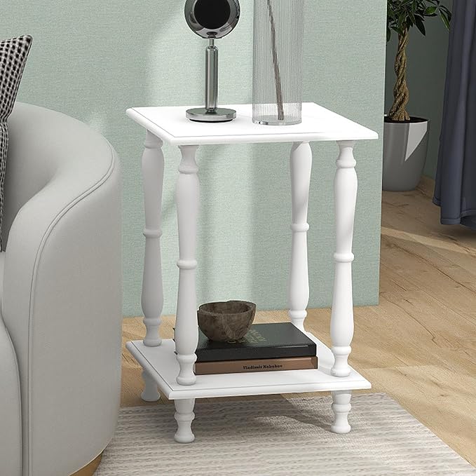 TaoHFE European Style End Tables Living Room White Square Sofa End Table 2-Tier Wooden End Side Table with Open Shelf Retro Vintage 24 Inch Bed Side Table for Bedroom Small Space, White