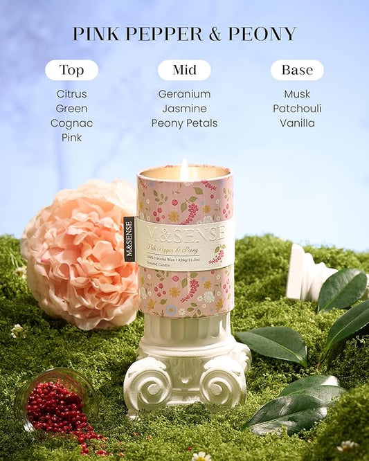 M&SENSE Pink Pepper Peony Scented Candle, Medium Jar Candle 11.3oz Natural Soy Wax for Home Scented, Floral Candles Gift for Spring Holiday, Up to 70 Hours Burning Long-Lasting Fragrance