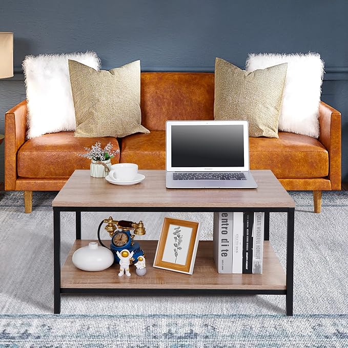 ZenStyle Industrial Coffee Table with Storage Shelf for Living Room, Wood Look Accent Furniture with Vintage Wooden Board Stable Metal Frame Cocktail Desk 2-Tier Tea Table