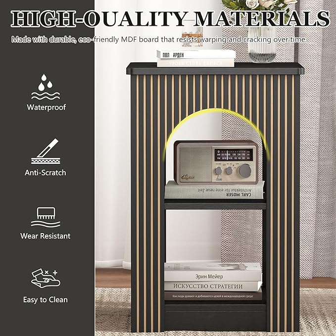 End Table with 3-Tier Storage, Mid-Century Modern Side Table with Arched Carving Lines, Square Fluted Nightstand Accent Table for Living Room, Bedroom, or Office (1, Black)